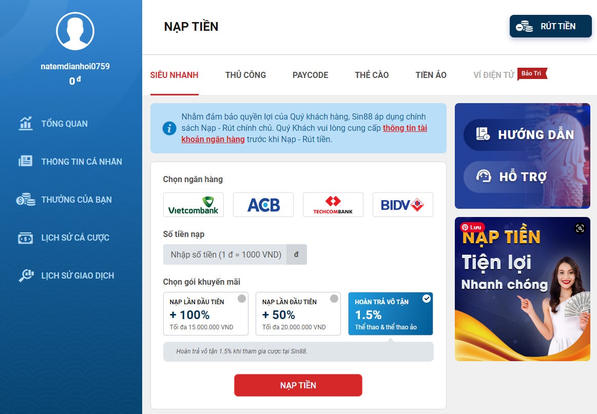 Sin88 liên kết với nhiều ngân hàng tại Việt Nam
