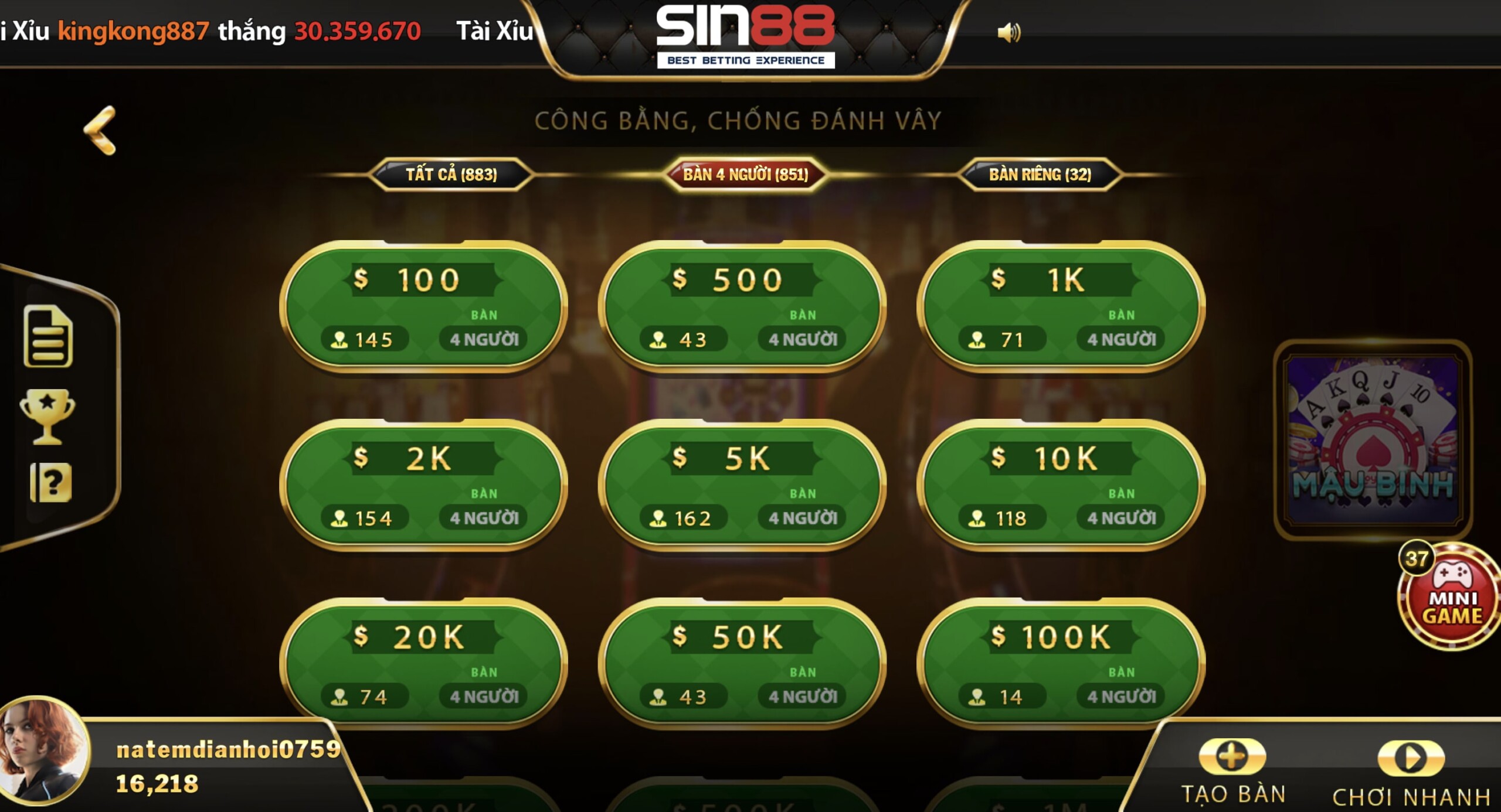Lựa chọn bàn cược phù hợp khi tham gia mậu binh Sin88